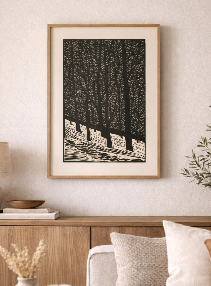 Ritchey linocut "Mountain Forest Under Snow"